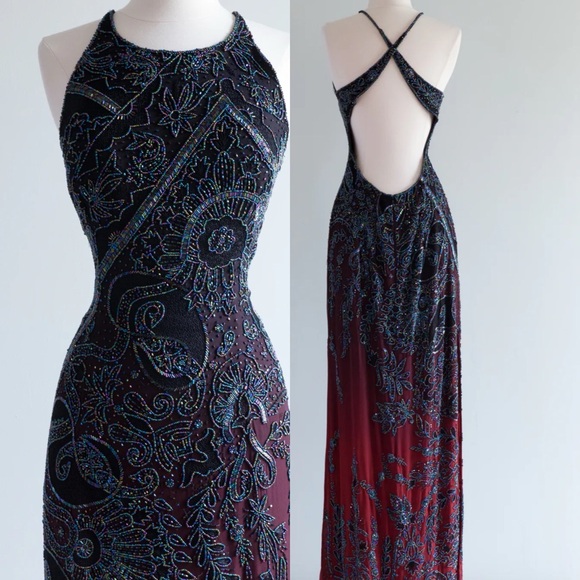 Vintage Y2K 100% Silk Beaded Dress Vintage Beaded Dress Ombré Goth Prom Dress - Picture 3 of 15